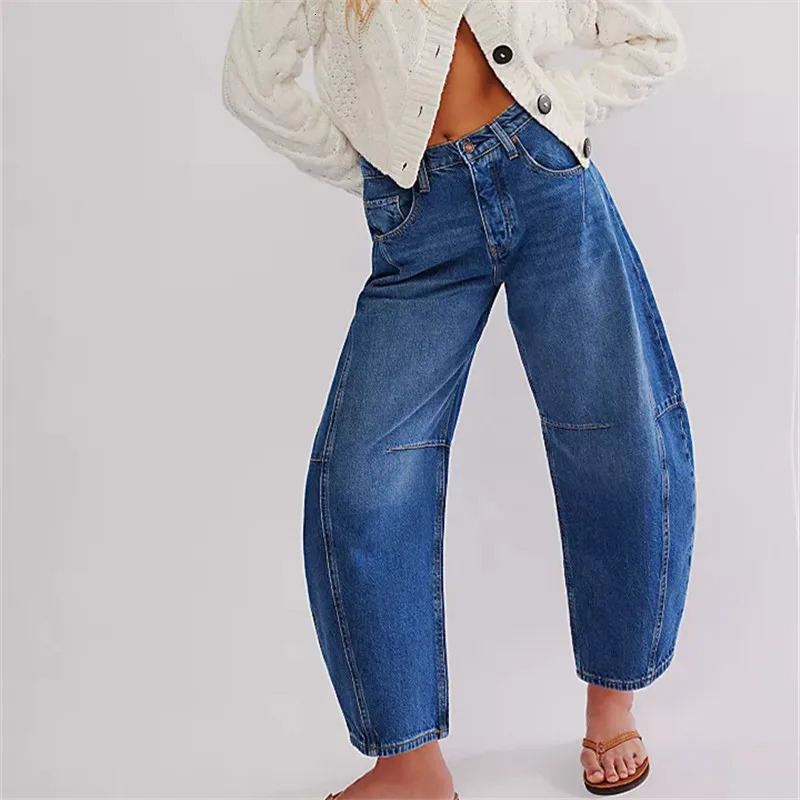 Barrel Jeans Women Casual Baggy Wide Leg Horseshoe Denim Pants Y2k Boyfriend Vintage Tapered Jeans Mid Rise Cropped Barrel Pant 241031