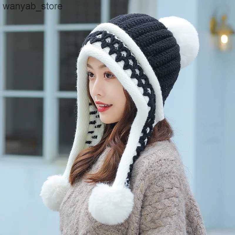 Wide Brim Hats Bucket Hats Women Winter Peruvian Cover Ears Beanie Hat Ear Flaps Sherpa Ski Snow Hats Knit Fce Lined 3 Pom L240910