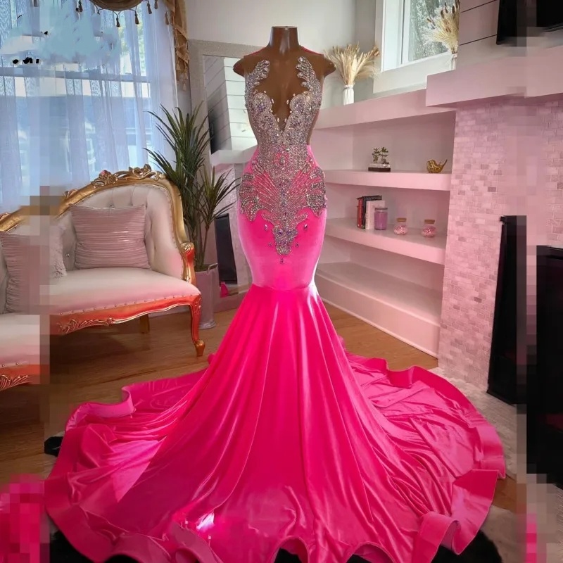 Hot Pink Veet Prom Dresses For Black Girls 2024 Sheer Neck CrystalSexy Backless Plus Size Birthday Party Gowns Robe De Bal