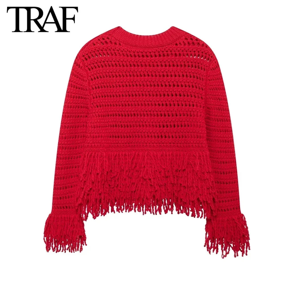 TRAF Women Fashion Autumn Winter Solid Tassel Sweater Long Sleeves Round Neck Pullover Tops Chic Female Knit Sweaters Mujer 241029