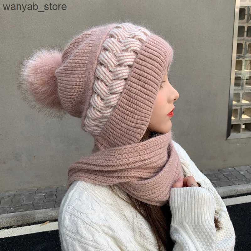 Wide Brim Hats Bucket Hats Scarf One Piece Hat Women Winter Cycling Windproof Woolen Hat outdoor Thickened Knitted Hooded Cap Shawl hats neck warmer b