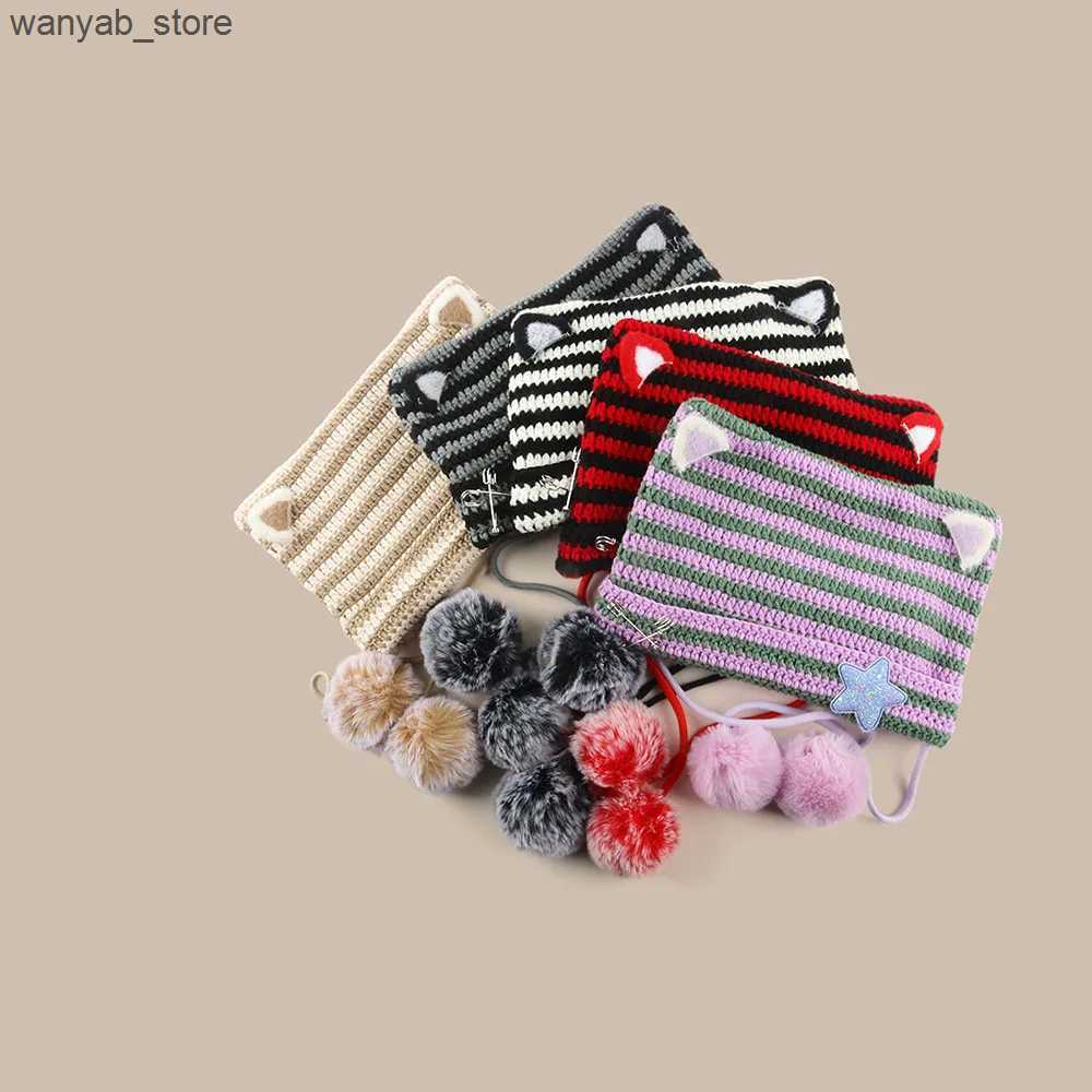Wide Brim Bucket Handmade Y2k Japanese Cat Ear Beanies Rabbit Hair Pom-pom Striped Sweetheart Girl Knit Cap Autumn and Winter Warm Womens Hats L240910