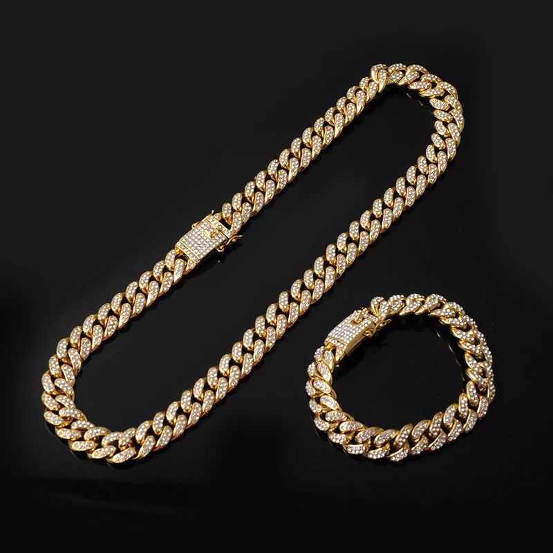 Necklace WatchBracelet Hip Hop Miami Curb Cuban Chain Silver Color Full Iced Out Paved Rhinestones CZ Bling For Men Jewelry 240323