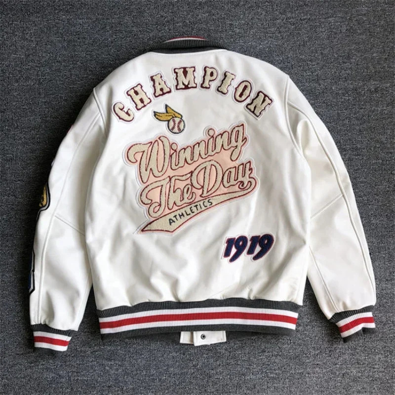 Mens spring and autumn baseball uniform Y2K retro trend leather jacket heavy industry embroidery white short coat ins 241031