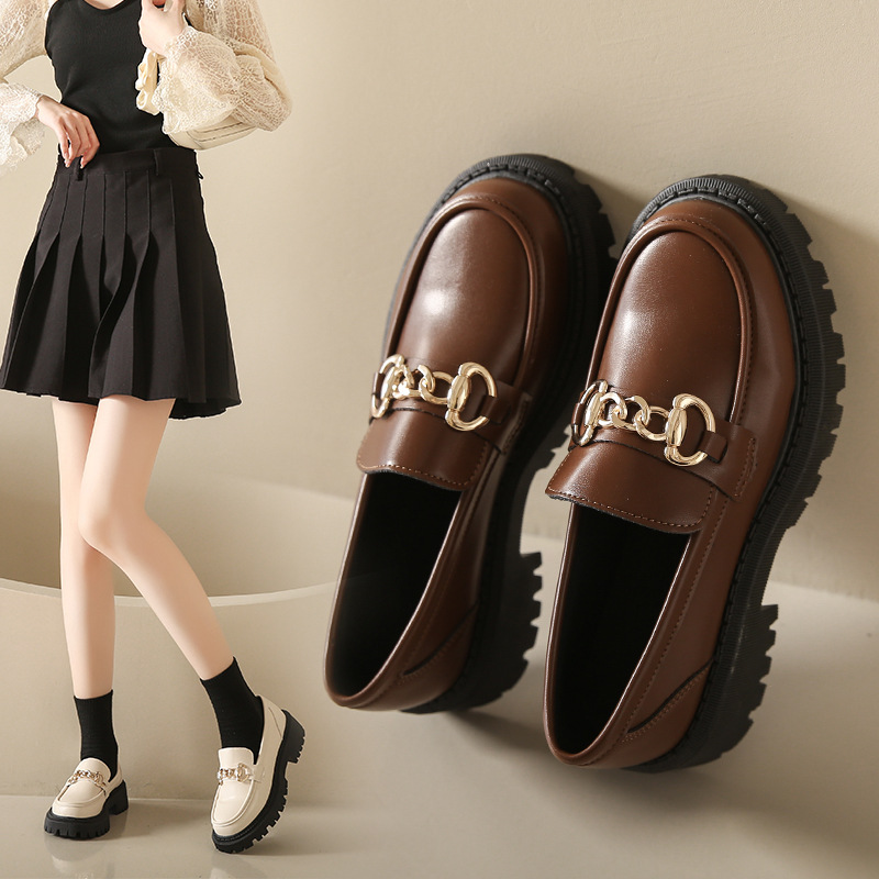 Women's Fashion Shoes:High Heel Chunky Heel Plus Size Loafers Shoes New Trendy Simple Design Versatile Leather Shoes,Brown/White,Free shipping