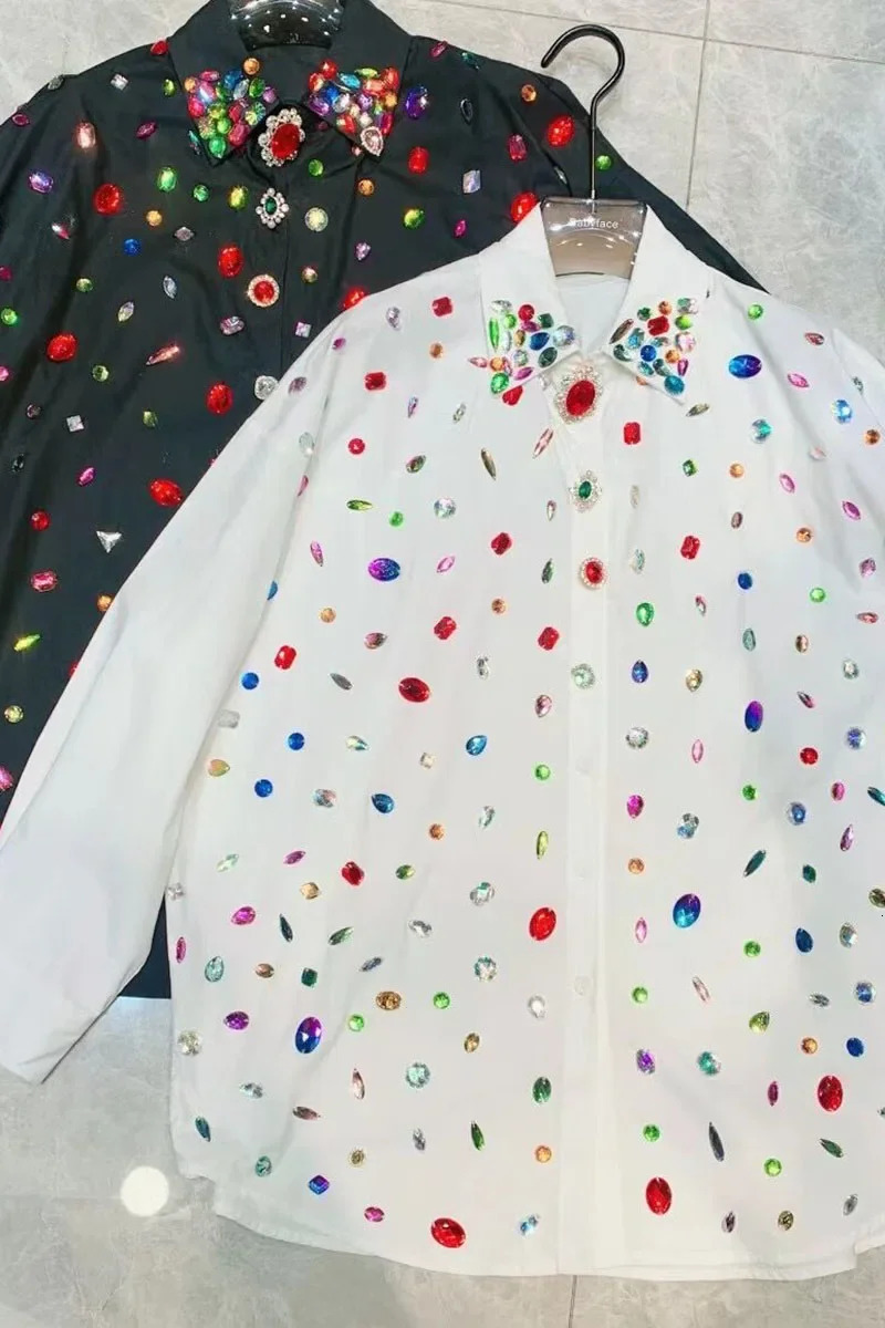 Female Rainbow Color Diamonds Shirts Rhinestones Beaded White Blouse Spring Fall Single Breasted Vintage OL Cardigan Tops Blusas 240321