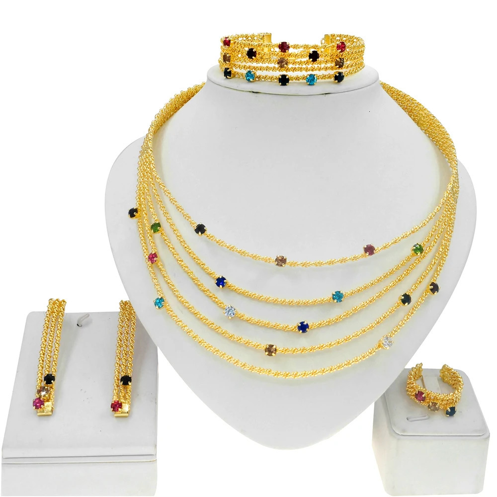 Womens jewelry set Brazilian gold necklace colorful artificial stone bracelet hollow n gift banquet jewelry 241031
