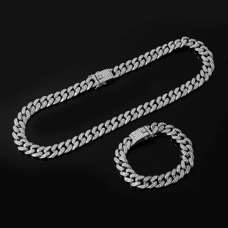 Necklace WatchBracelet Hip Hop Miami Curb Cuban Chain Silver Color Full Iced Out Paved Rhinestones CZ Bling For Men Jewelry 240323