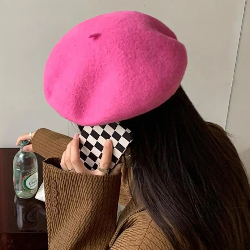 Wool Beret Hat For Women Autumn Winter Retro British Candy Colored Solid Soft Berets Flat Vintage Painter Cap Casual Keep Warm 241031