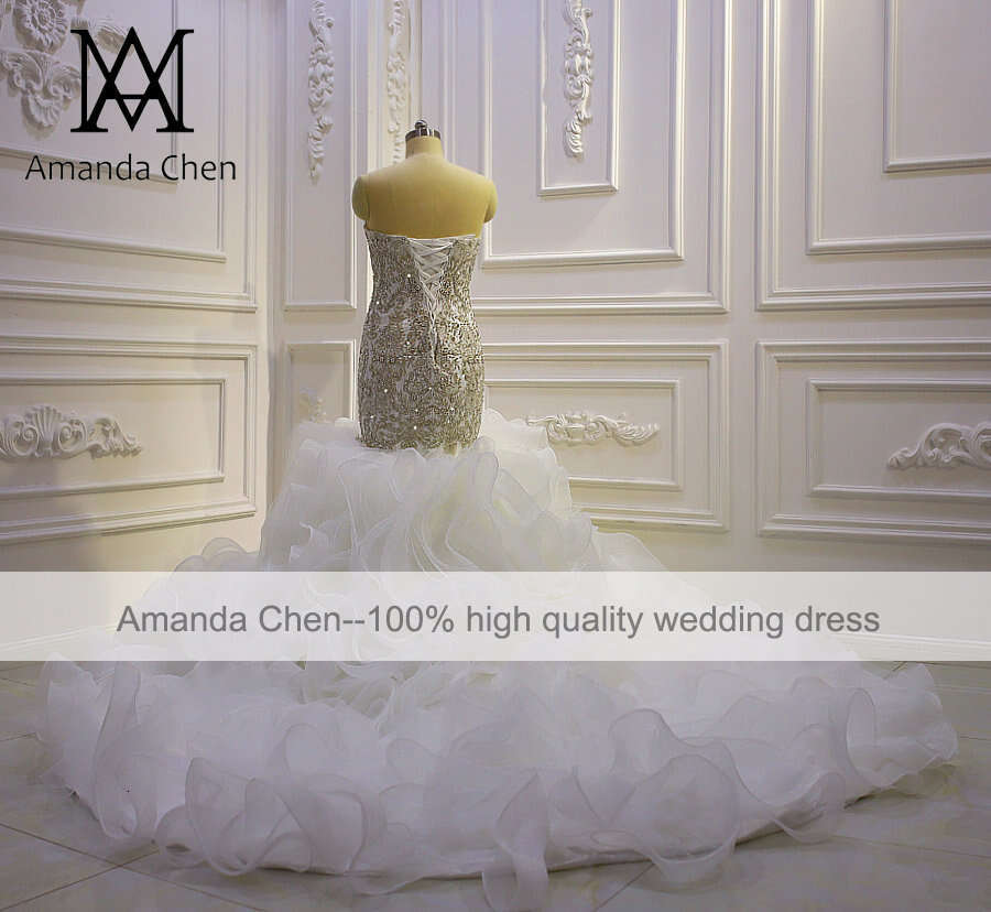 robe blanche Crystal Beading Ruffles Mermaid Strapless Wedding Dress