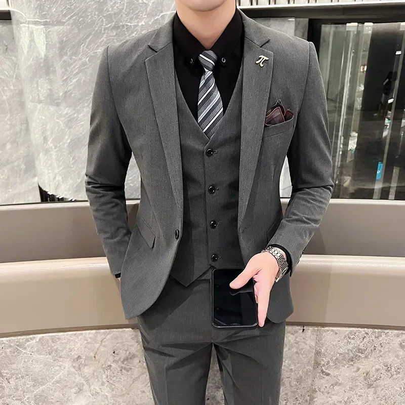 S-5Xl Jacket Vest Pants Boutique Solid Color Casual Business Office Slim Mens Suit Groom Wedding Gown Blazer Waist Coat Trousers