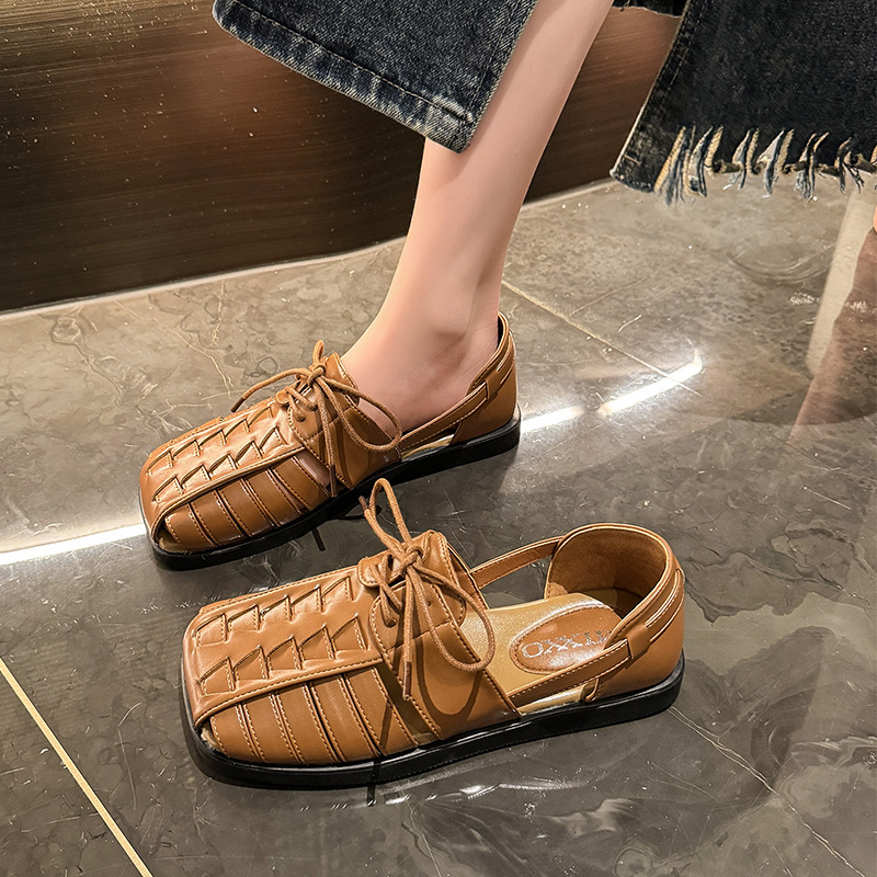 Women's Fashion Slippers:Knitted Hollow Retro Style Sandals New Trendy Casual Versatile Square Toe ,Black/Silver/Brown,Free shipping