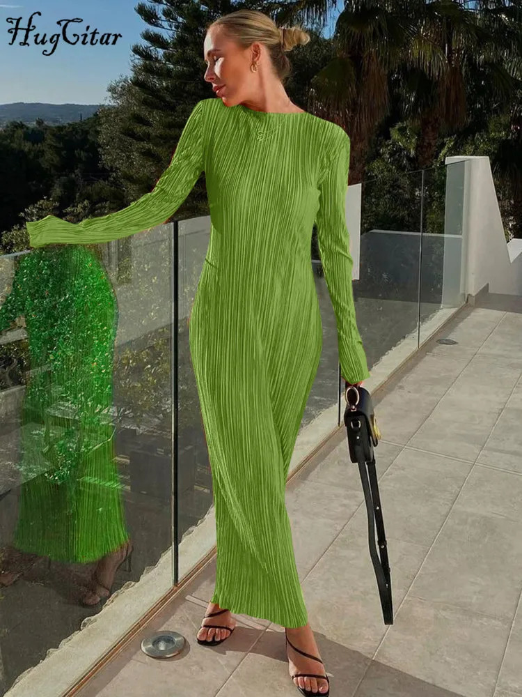 Hugcitar Women Elegant Ribbed Solid O Neck Long Sleeve Maxi Prom Dress Fall Sexy Bodycon Evening Birthday Party Y2K Robe 241031
