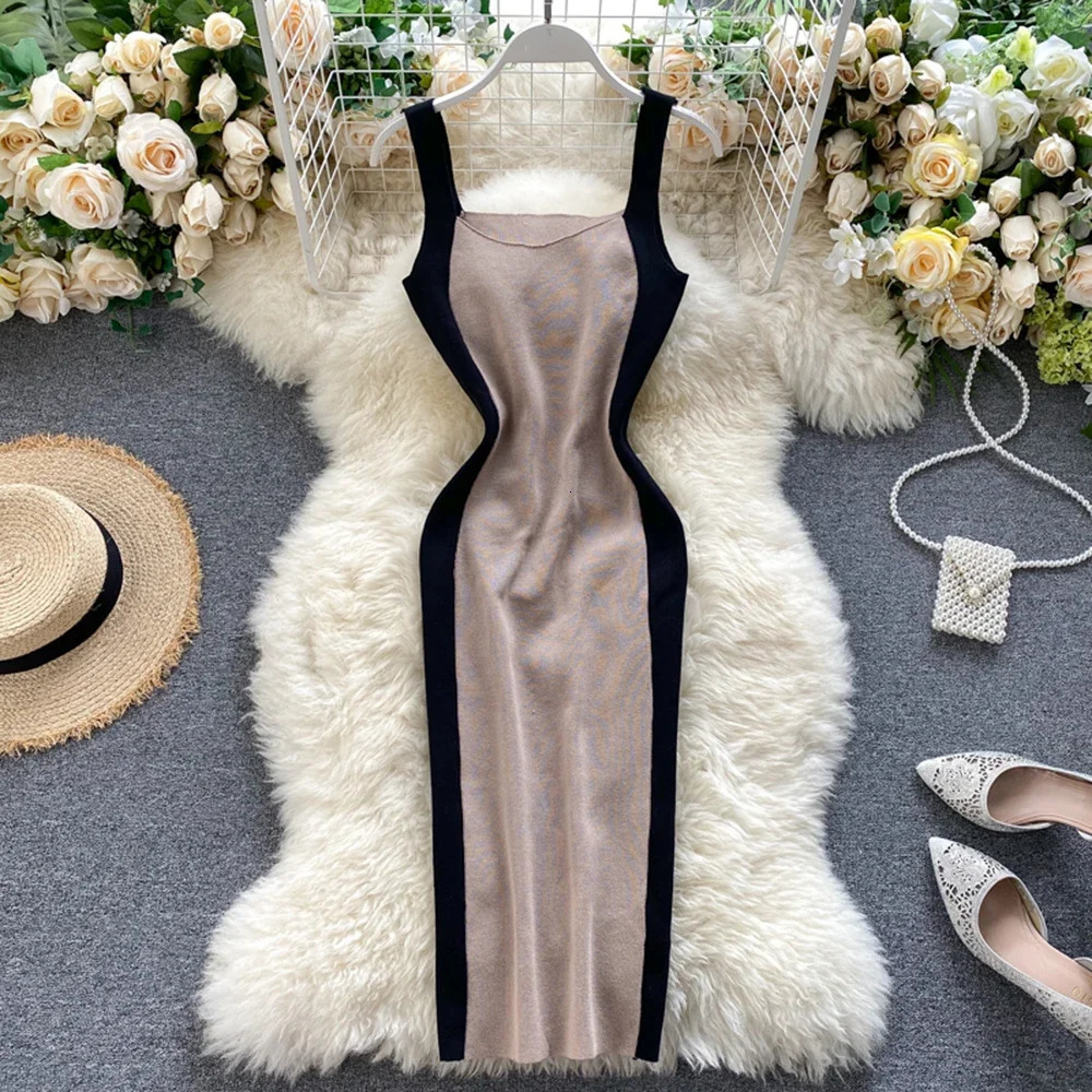 Summer Womens Knitting Sheath Letters Tank Dress Female Bodycon Knitted Camisole Sleeveless Patchwork Mini Dresses For Woman 241031