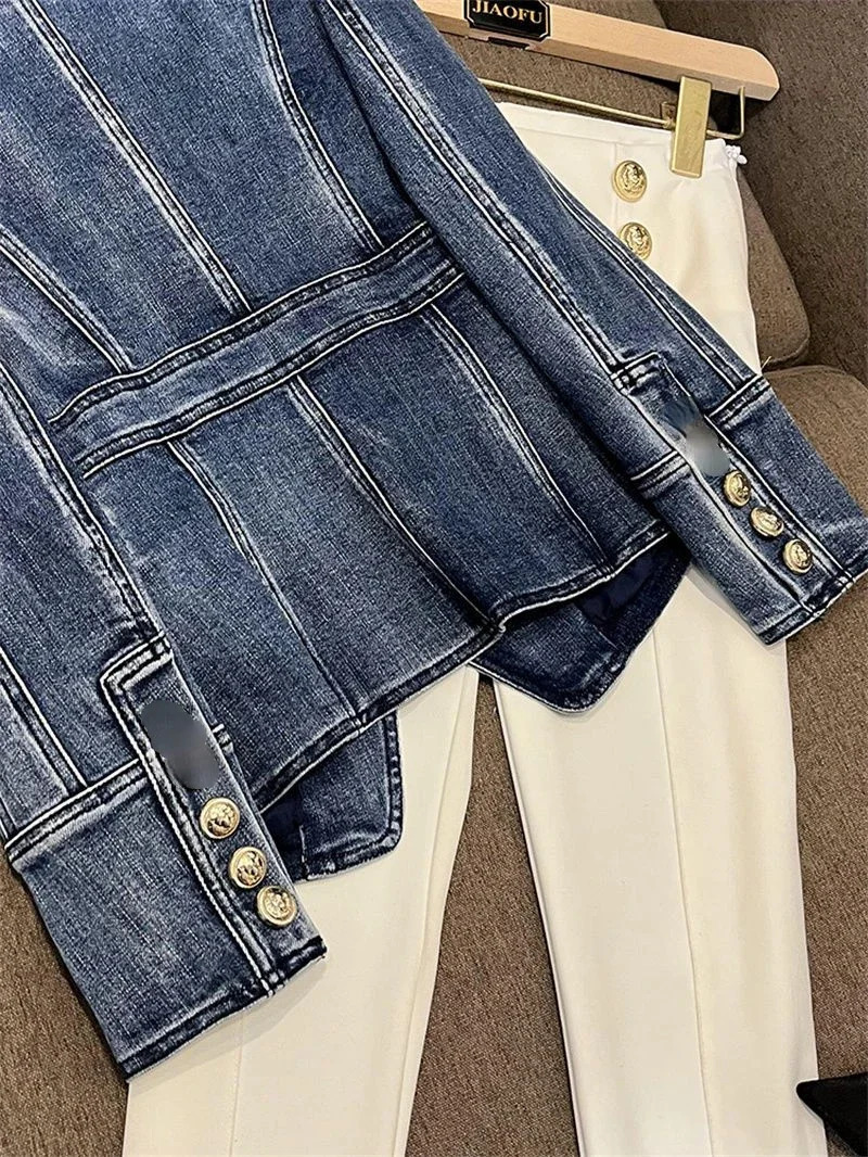 Chic Women Double Breasted Slim Waist Demin Blazers Coat Spring Cowboy Cardigan OL Turn-down Collar Jeans Jacket Outwear Tops 240321