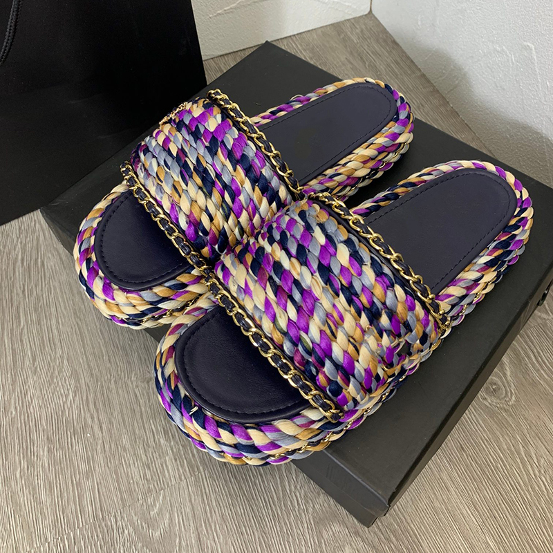 brand Designer Slippers Triangle Buckle Raffia Straw Espadrilles Women Thick bottom Sandals Slip On Mules Slides lady Platform Wedges Square Toe Flip Flops