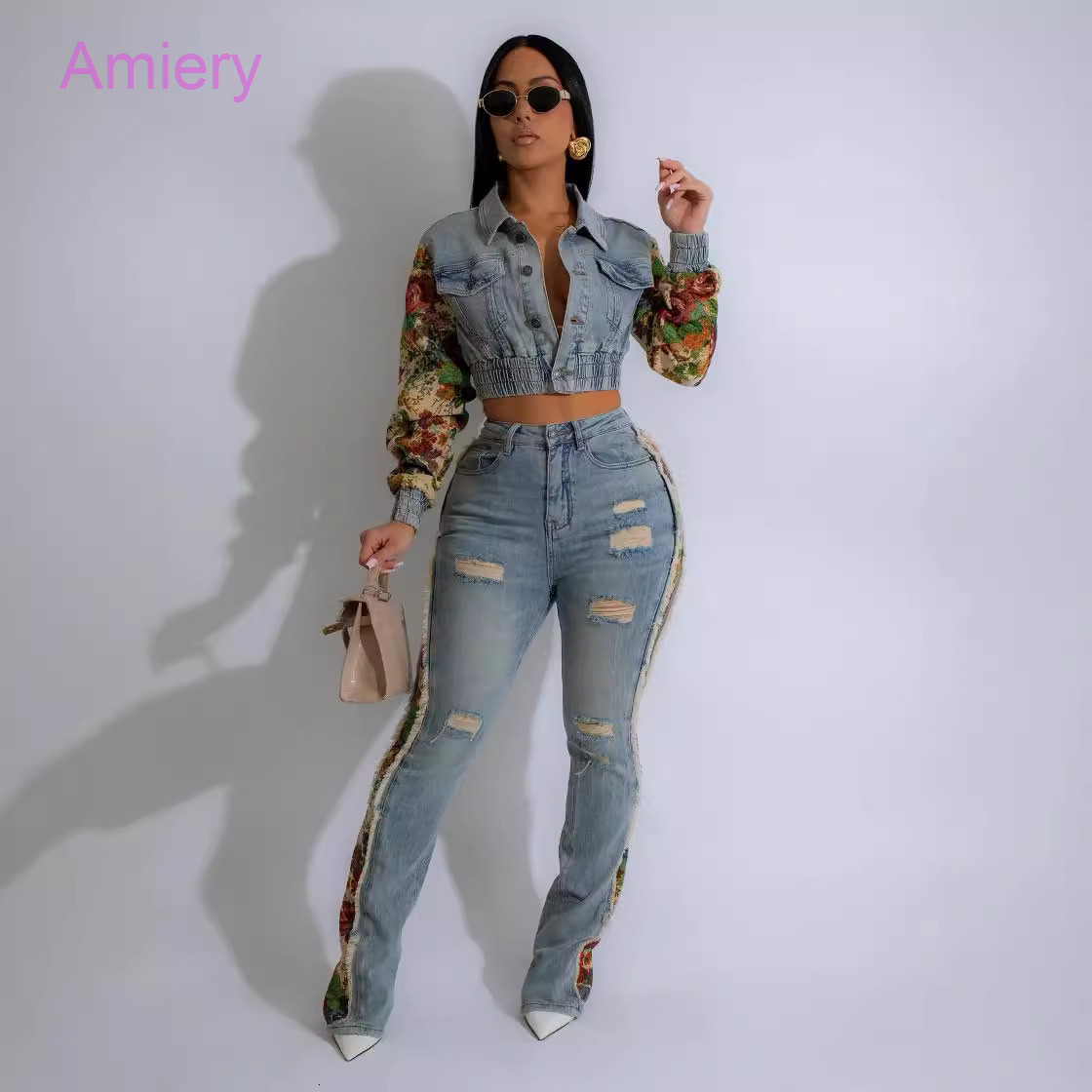 Denim Floral Ptinted Patchwork Two Piece Set Women 2024 Fall Winter INS Tracksuit Full Sleeve Jacket And Ripped Jeans Pants Casual Suit 2PCS Sets For 