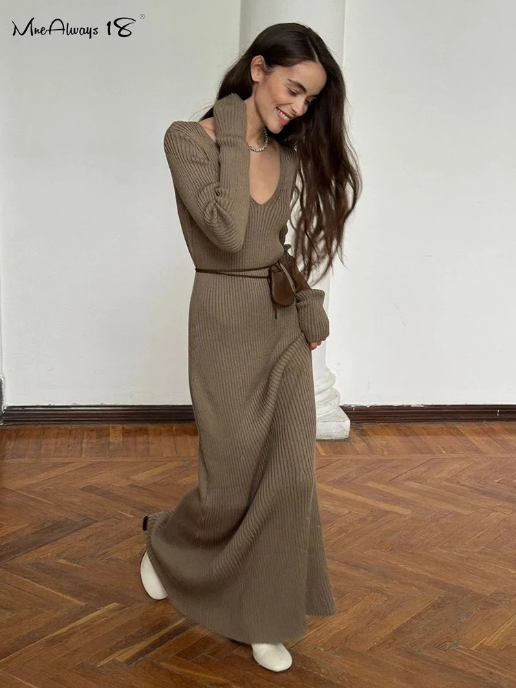 Mnealways18 V-Neck Elegant Women Ribbed Knitted Dress Autumn Winter 2024 Long Sleeves Ankle-Length Office Ladies Dress Bodycon 241031