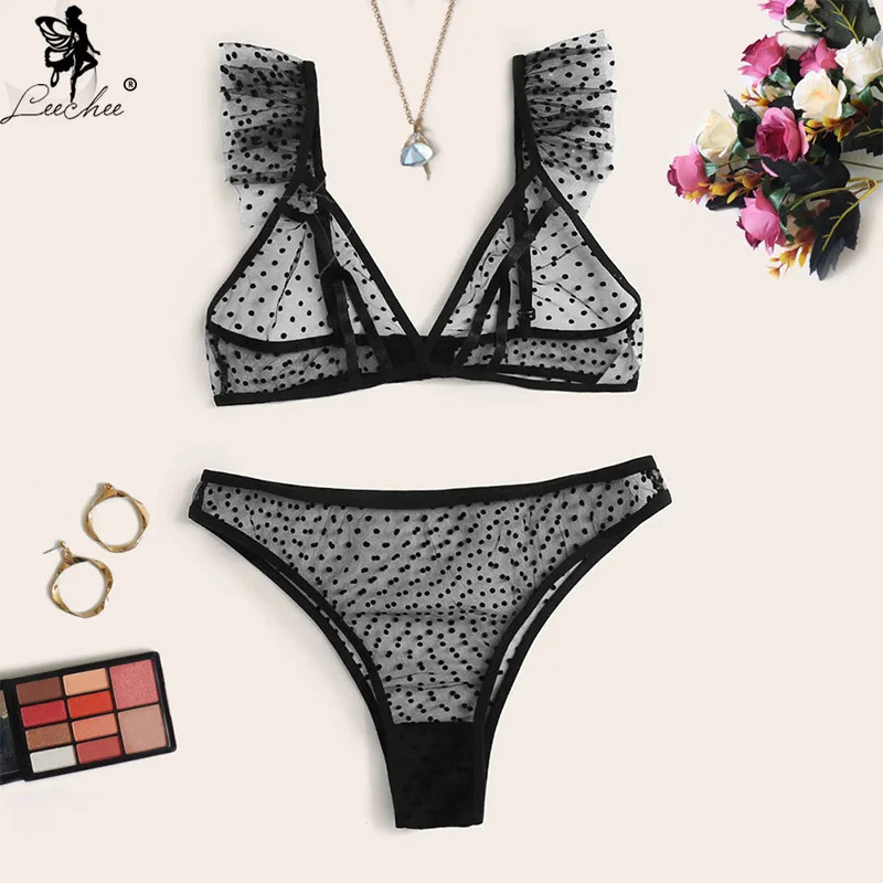 Leeche Bra set Transparent Lingerie set Breathable Bra For Women Cute Dot Mesh Underwear Set Sexy Bh Lntimate Lingerie 241031