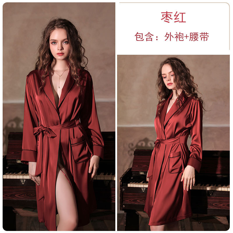 New designer brand spring and summer home frenzy sexy deep V imitation silk private room long pajamas bathrobe set
