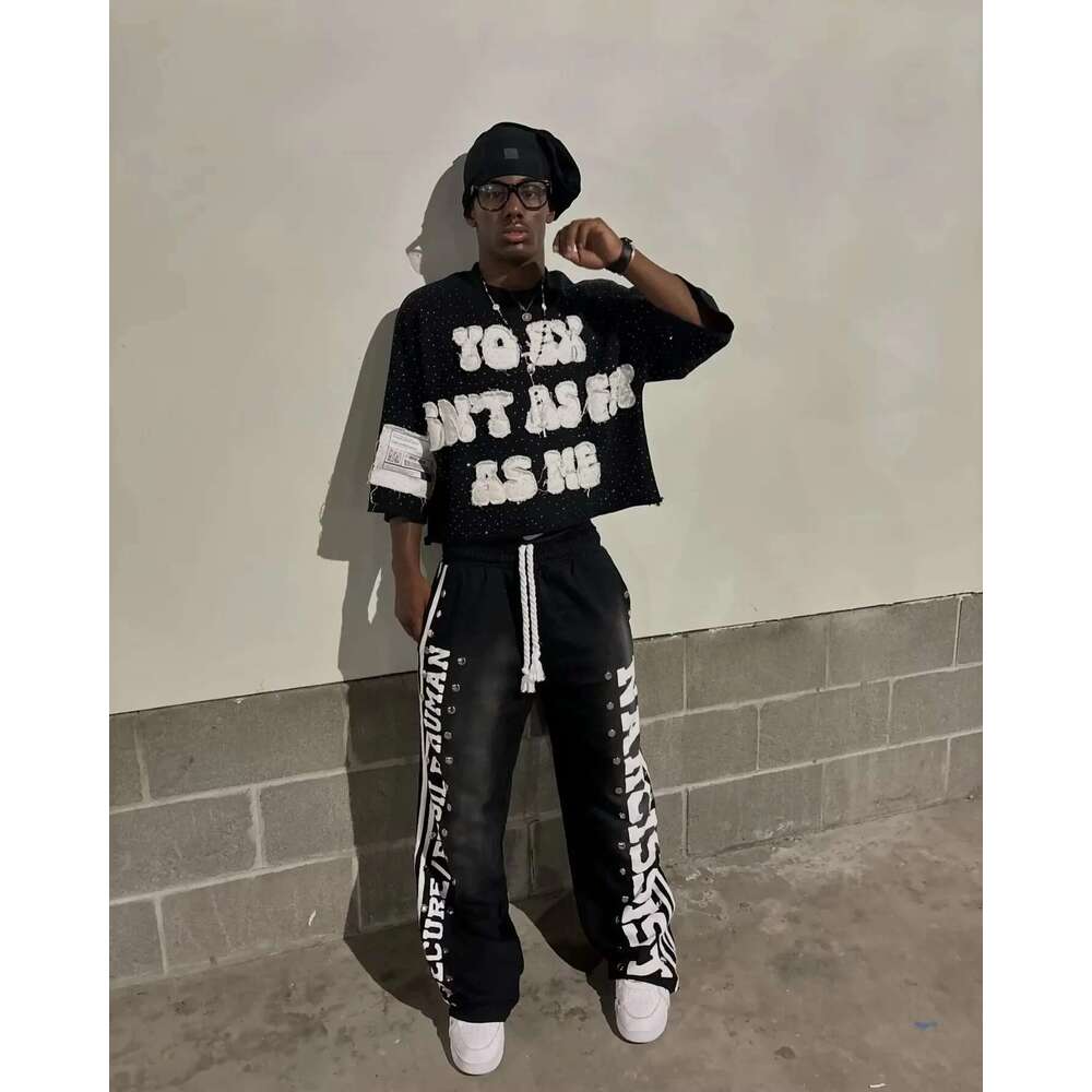 Retro Patch Sweatpants Y2k Pants Mens Hip Hop Letters Sequins Rhie Stripes Baggy Elastic Waist Jogging Casual Trousers