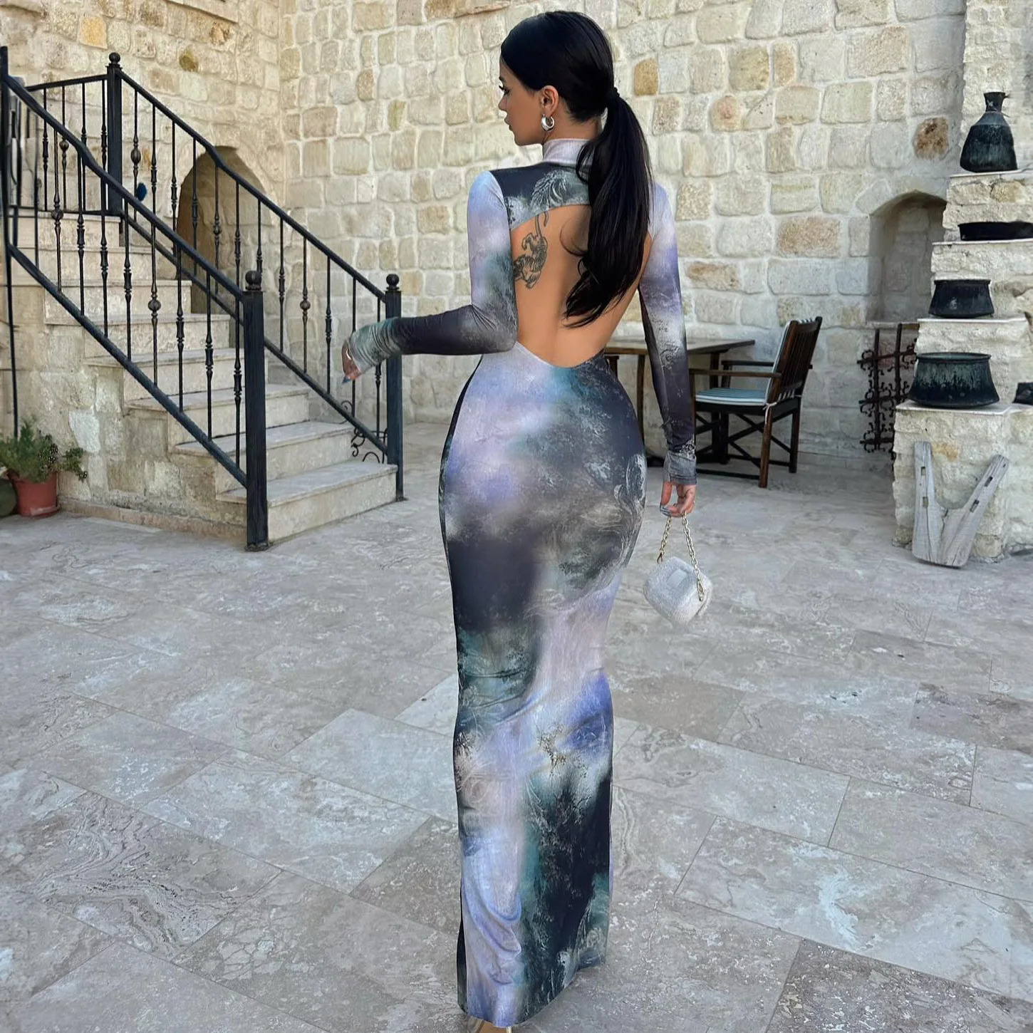 Summer Womens High Neck Long Sleeved Backless Sexy Slim Fit Long Skirt Printed Dress 241031