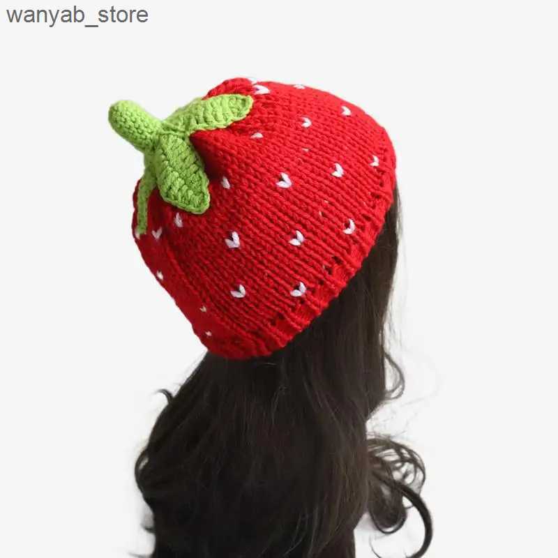 Wide Brim Hats Bucket Hats Sweet Strawberry Hat Handmade Knitted Beanie Caps Girl Adult Cute Casual Red Fruit Skull Pullover Cap L240910