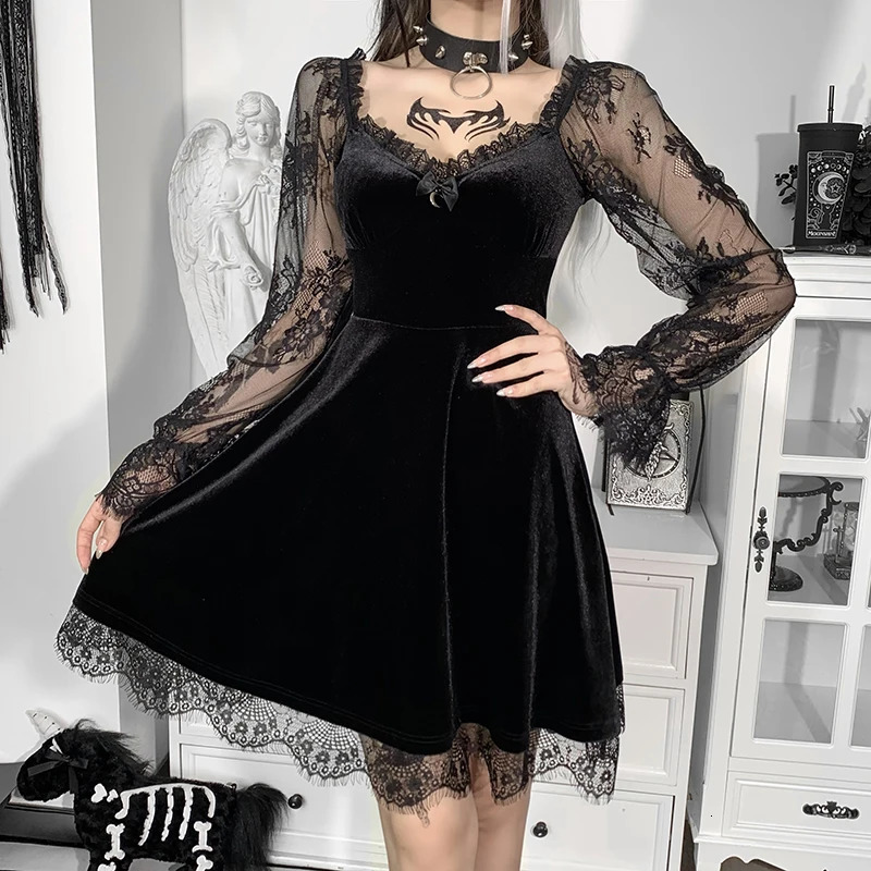 Womens Gothic n Short Dress 2024 Printed Slim Lace Splicing Classical Busty Dresses for Women 241031