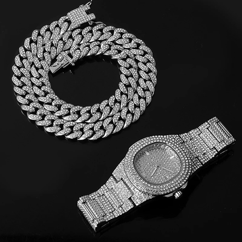 Necklace WatchBracelet Hip Hop Miami Curb Cuban Chain Silver Color Full Iced Out Paved Rhinestones CZ Bling For Men Jewelry 240323