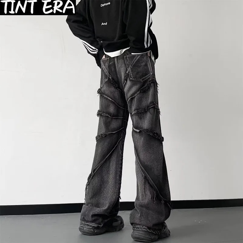 Y2K Punk Black American Street Rock Retro High Waist Oversized Jeans Men Raw Edge Washed Darkwear Wide Leg Trousers Men 240319