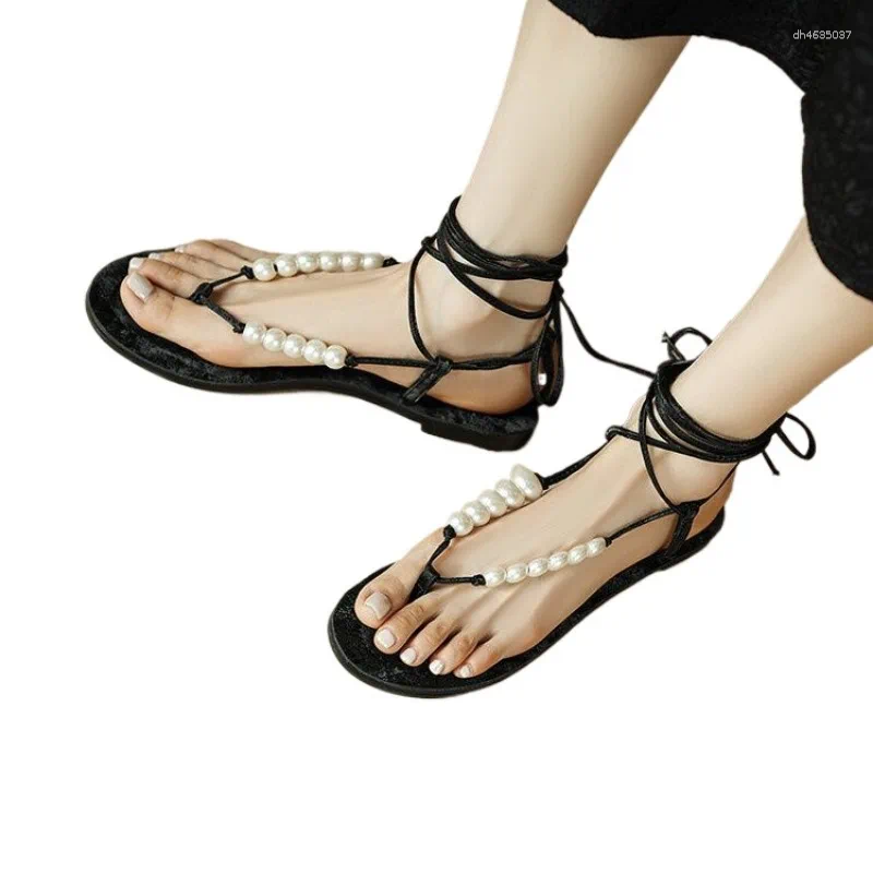 Sandals Summer Romanesque Strap-on Ankle Pearl Wrapped Gaiters Embroidered Flat Bohemian Style Flip-toe For Women hurenlakeshoes hurenlakeshoes hurenl