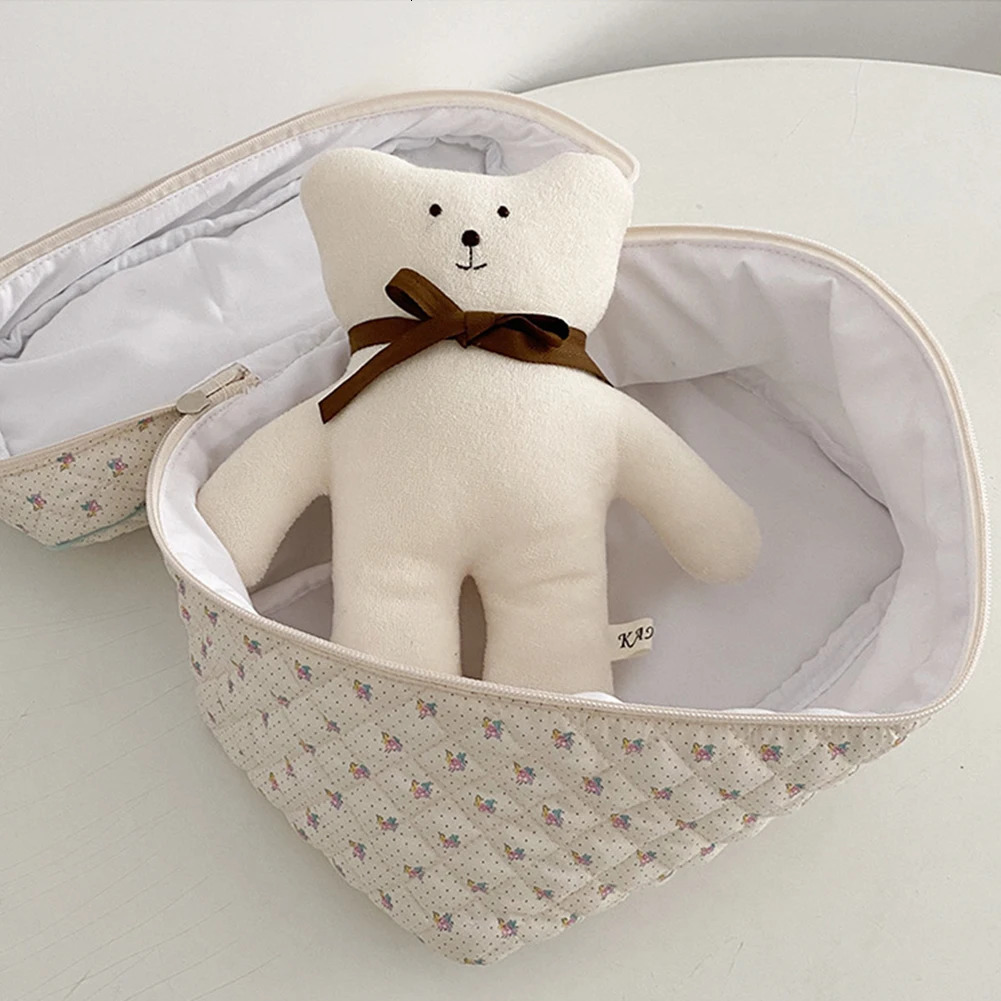 Korean Cute Makeup Bag Portable Zipper Makeup Wallet Quilted Clutch Handbag Large Capacity Flower Printed Womens 241031