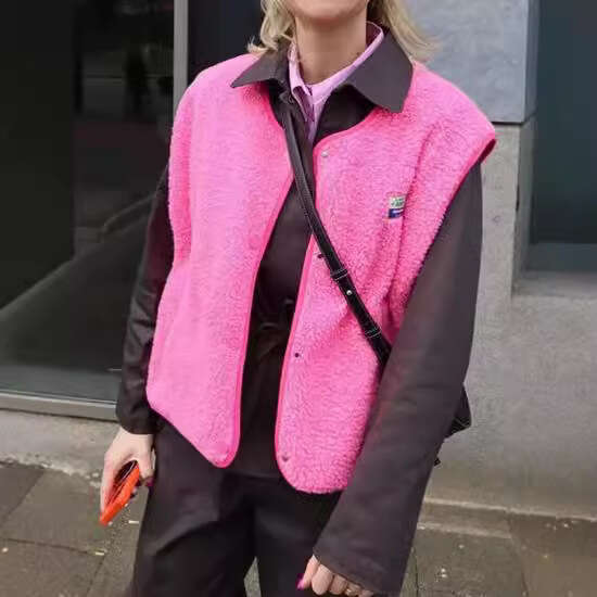 Women's Elegant Solid Lamb Wool Vest Cardigan Fashion Casual V-Neck Sleeveless Waistcoat 2024 Autumn Lady High Street Outerwear