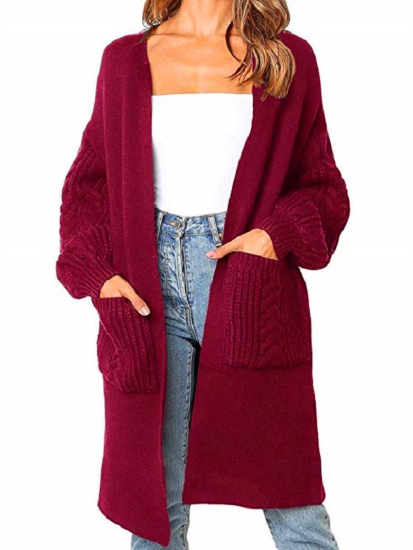 Solid Medium Length Knitting Cardigan In Autumn And Winter New Fried Dough Twists Lantern Sleeve Sweater For Women F110142