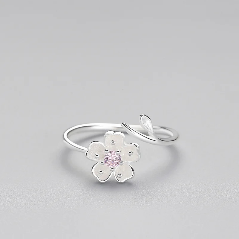 Real 925 Sterling Silver Zircon Enamel Plum Flower Adjustable Ring Elegant Fine Jewelry For Women Romantic Party Bijoux 241031