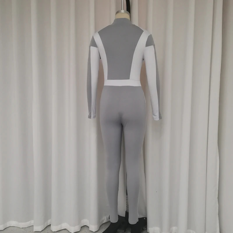 Wefads Women Jumpsuit Autumn Fashion Lapel Long Sleeve Color Block Zipper Romper Casual Bodycon Tracksuit High Streetwear 241031