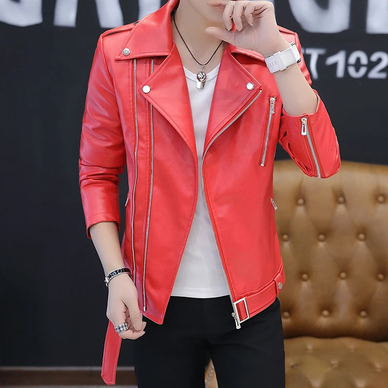 mens leather jacket handsome and personalized red leather jacket fashionable and stylish rivet motorcycle style jacket red white and black lapel top 2