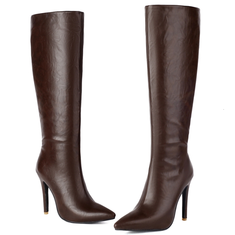 Women's Knee High Boots Sexy Point Toe Winter Black Brown Heeled Long Boot Ladies Party Footwear Shoes Large Size 45 48