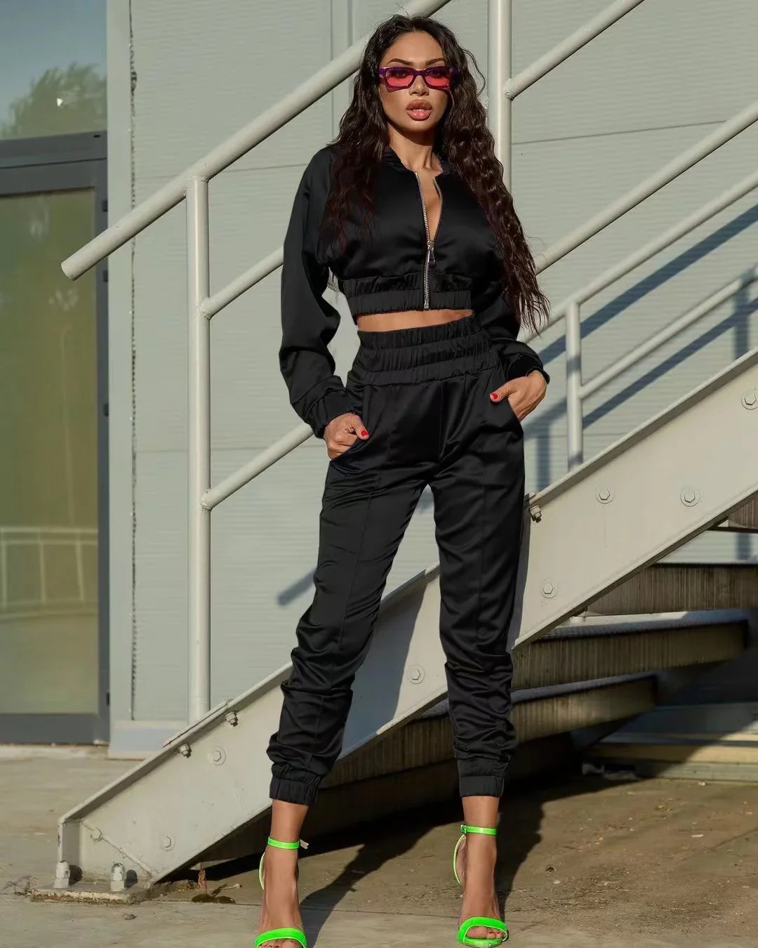 Autumn two-piece womens track and field suit oversized set jacket Trouser set womens sports shirt solid sports pants sports suit 241031