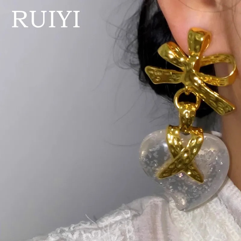 Vintage large drop earrings transparent love pendant gold metal womens jewelry elegant party gift 241031