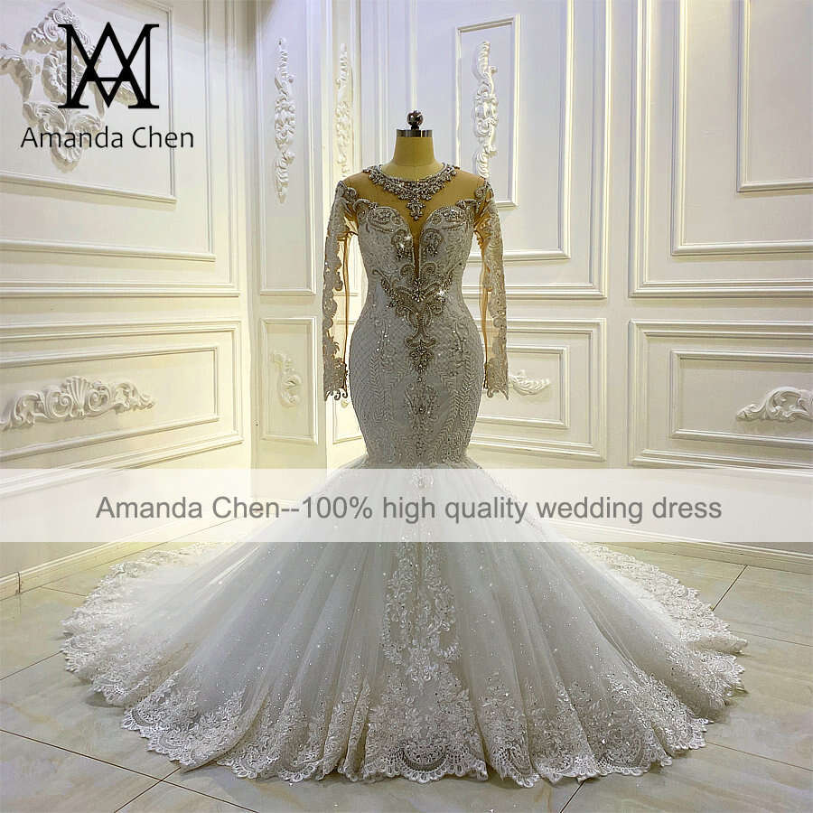 vestidos de novia 2024 Long Sleeve Lace Applique Crystal Mermaid Wedding Dress