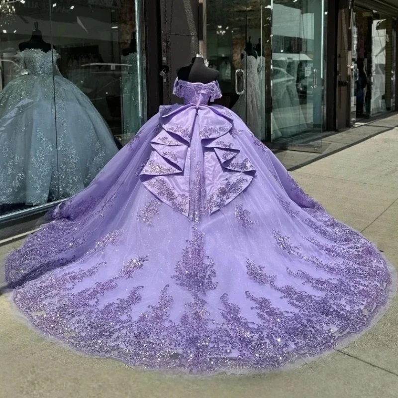 Shiny Lavender Off The Shoulder Ball Gown Quinceanera Dresses Sequined Appliques Lace Pleat Beading Tull Sweet Dress Vestidos De Anos