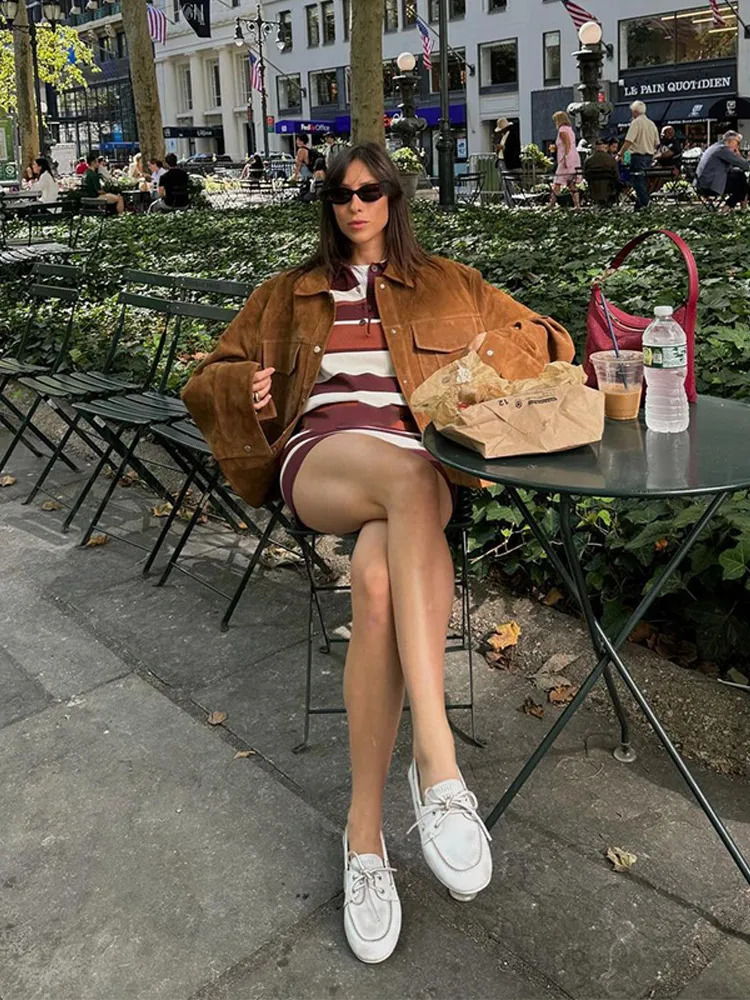 Single Chest Suede Jacket Retro Solid Collar Full Sleeve Pocket Short Womens Fashion Coat 241031