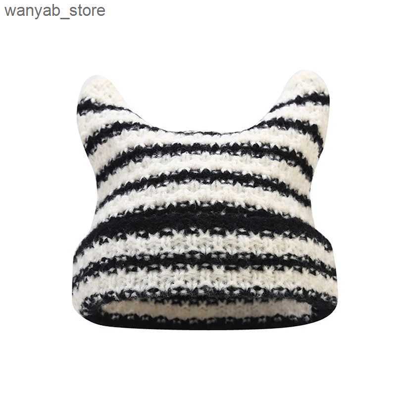 Wide Brim Hats Bucket Hats New Japanese Streetwear Harajuku Beanie Little Devil Striped Knitted Hat Women Girls Autumn Winter Cute Cat Ears Cap L24091