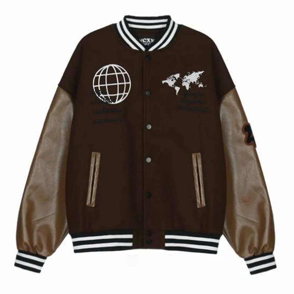 Autumn/Winter American Retro Baseball Jacket Mens Letter Global Embroidered Patch Work Casual Leather Jacket Pilot Loose Jacket 241031