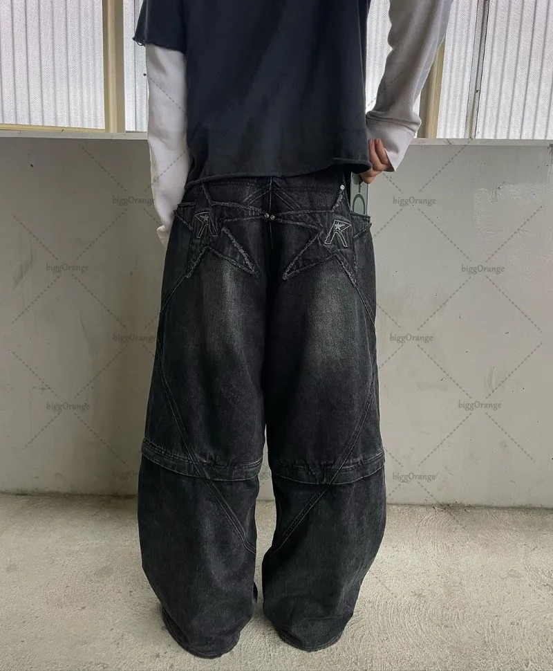 2024 Trendy Streetwear Trousers American Retro Embroidered Washed Distressed Baggy Jeans Men Gothic Punk Wide-leg Straight Pants 241031