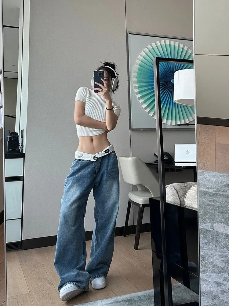 Vintage Y2k Jeans Women Baggy Kpop Gyaru Streetwear Wide Blue Denim Pants Harajuku Korean Acubi Fashion High Waist Jeans 241031