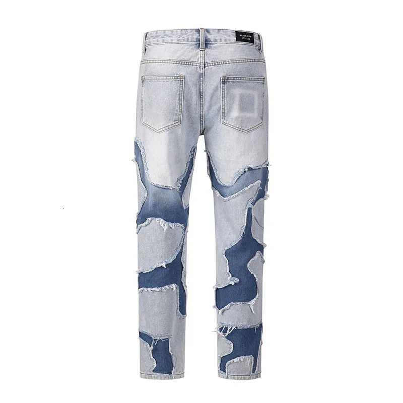 Streetwear Swag Style Blue Frayed Jeans Pants for Men Retro Washed Ripped Casual Tapered Denim Trousers Slim Fit Y2k Jean Male 241024
