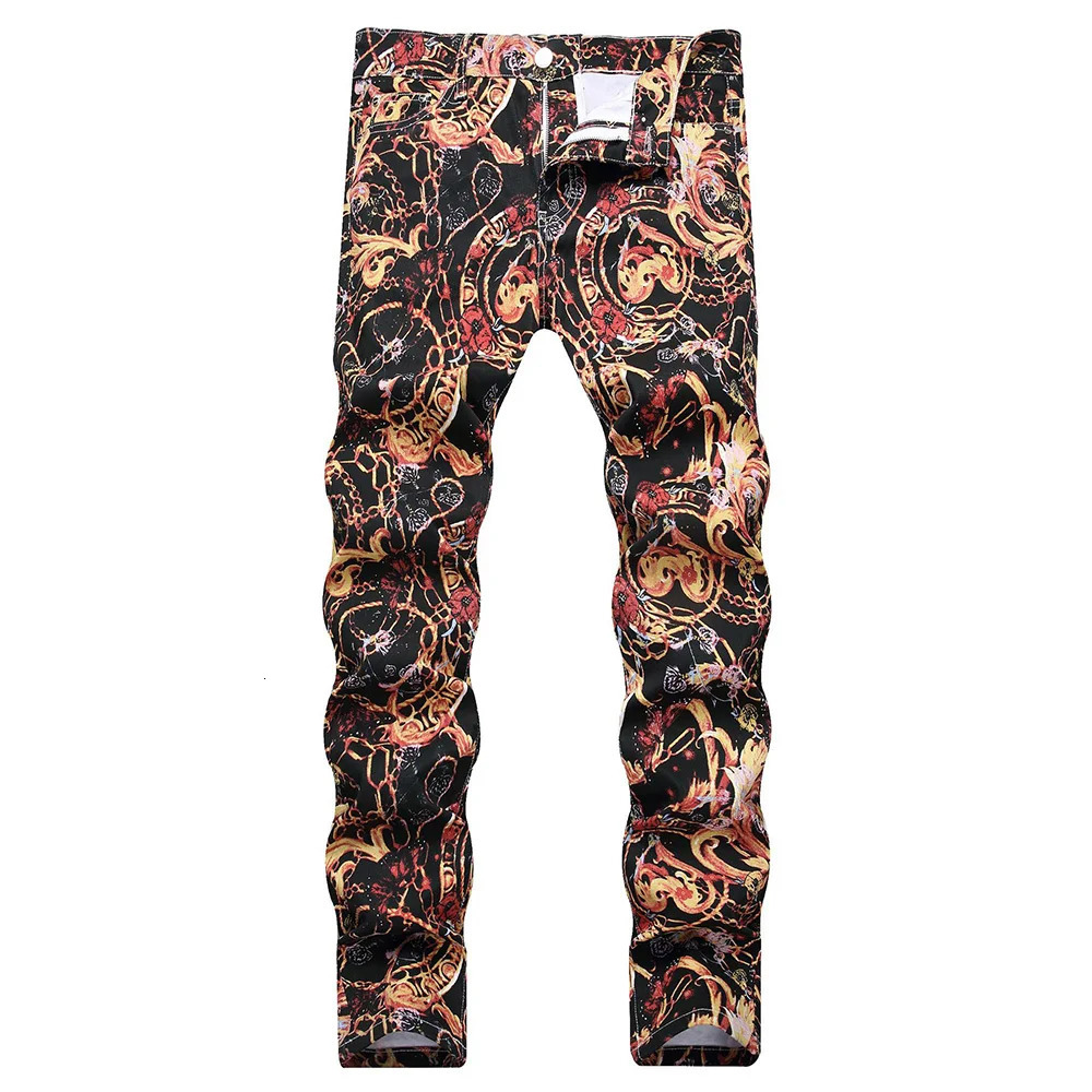 Men Flower Chain Digital Print Pants Fashion Slim Tapered Stretch Denim Jeans Streetwear Black Trousers 241024