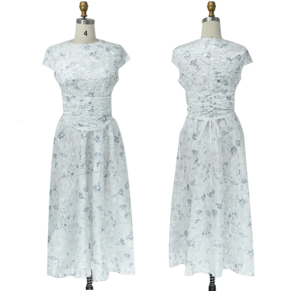 Womens formal occasion dress slim fit elegant printed waist short sleep A-line mid length evening dress 241031